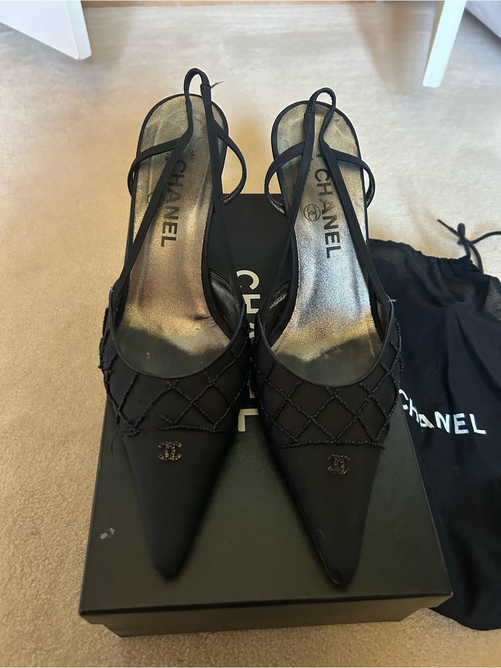 Chanel Black Beaded Slingback Pointed-Toe Pumps